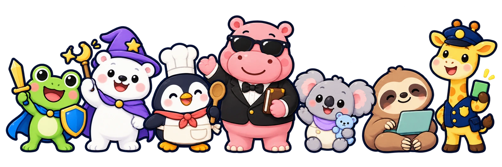 編集長カバリッチと、ミカエル、マジョックマ、こっぺん、バブラ、ダルダル、キキキリン