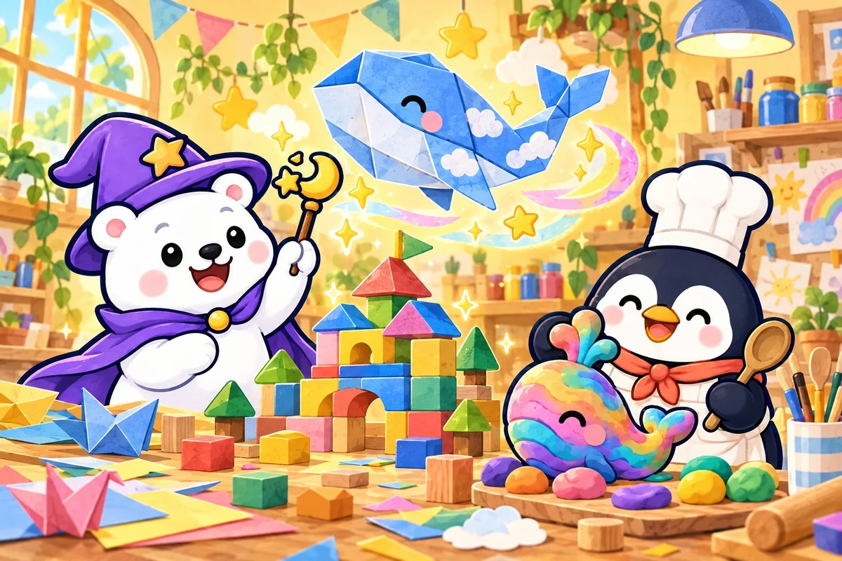 マジョックマとこっぺんが、紙や粘土で思いつきを形にするイラスト