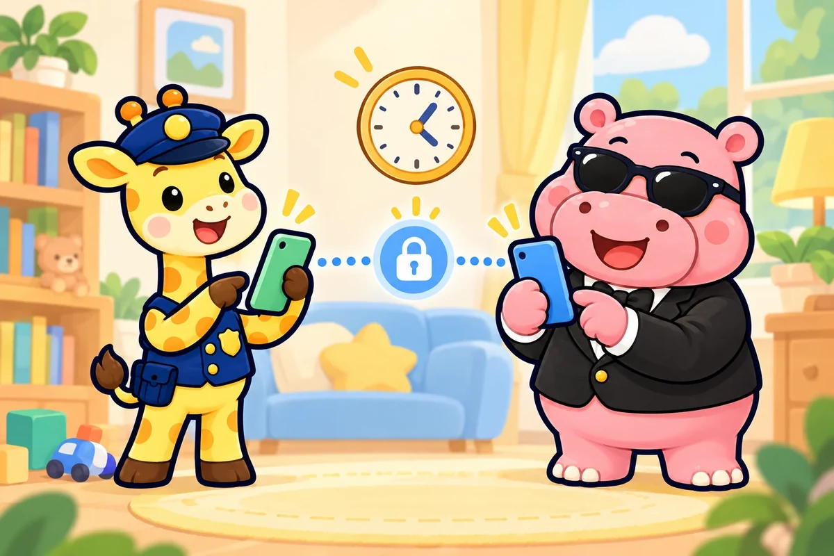キキキリンとカバリッチが、保護者用と子ども用の端末を確認するイラスト
