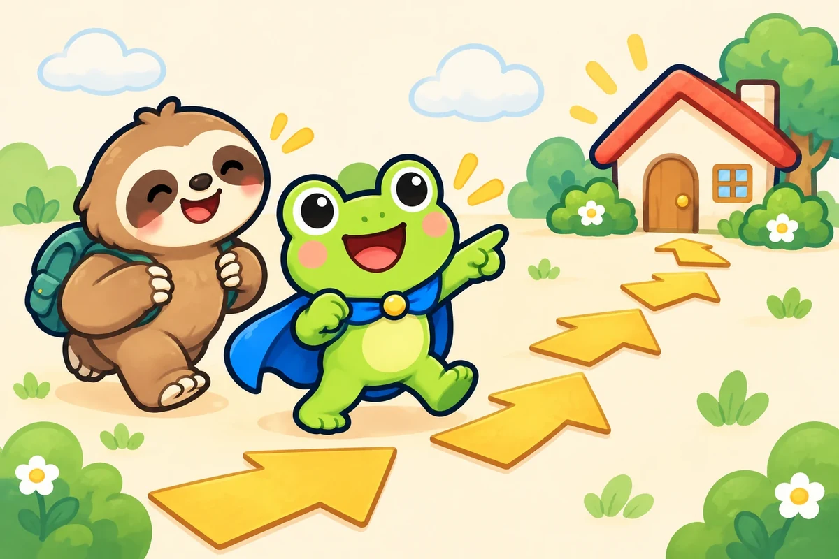 ミカエルとダルダルが、矢印を手がかりに家へ向かうイラスト