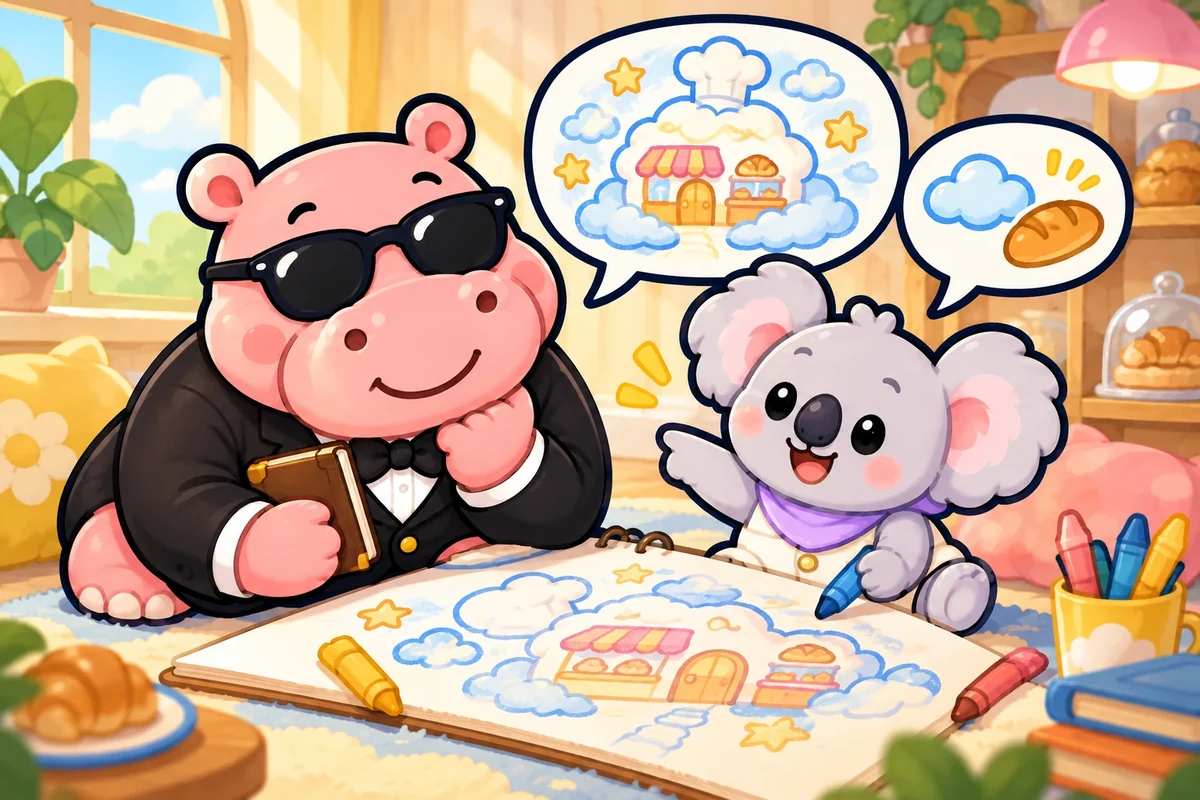 カバリッチが、雲のパン屋を描いたバブラの話を聞くイラスト