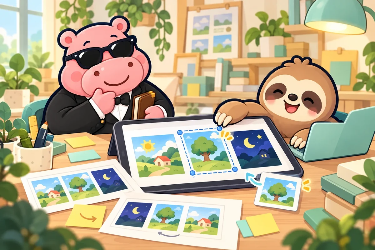 保存した絵と編集画面を見比べるカバリッチとダルダルのイラスト