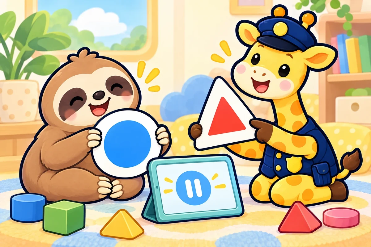 ダルダルとキキキリンが色だけでなく形でも区別できるカードを並べるイラスト