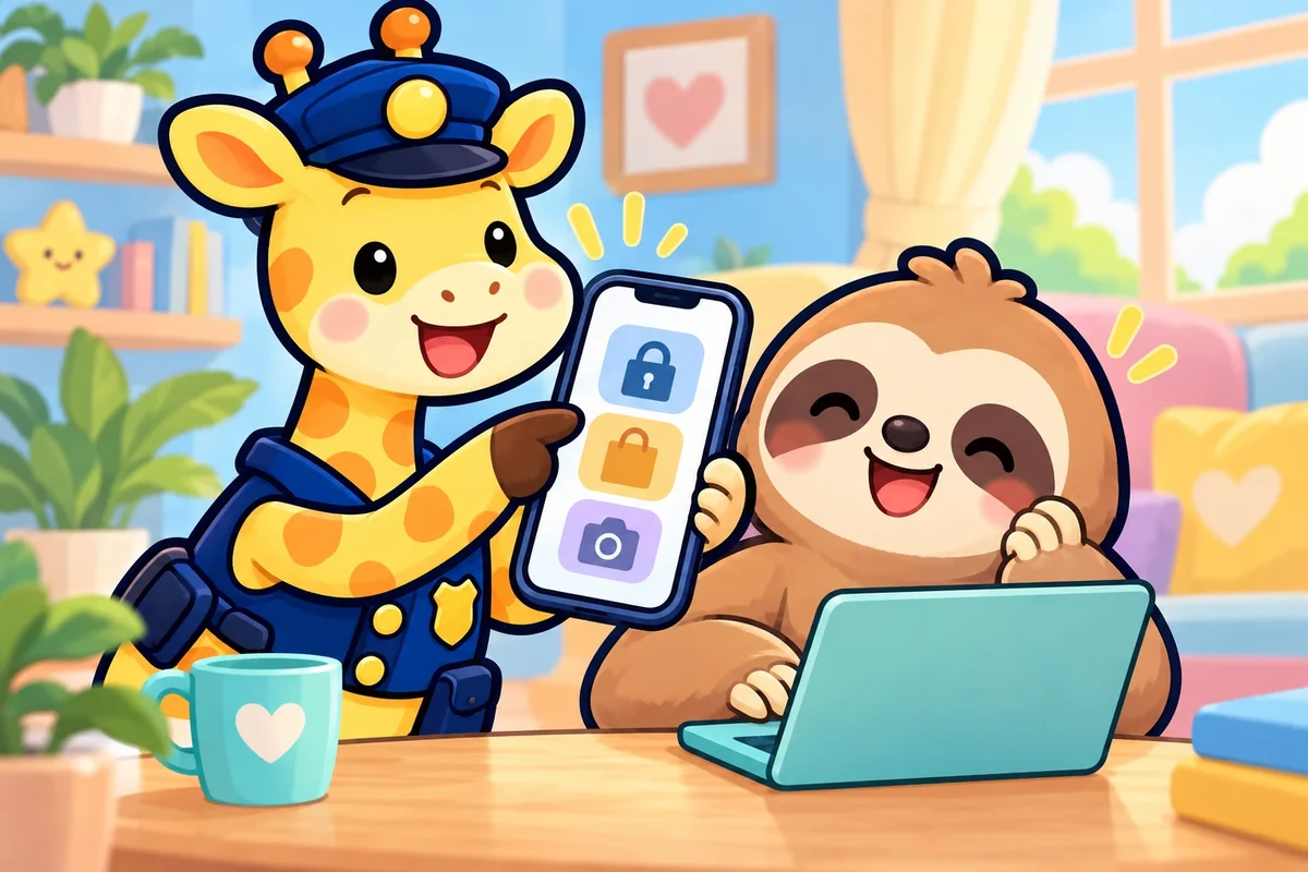 キキキリンとダルダルが、スマートフォンの購入やカメラの設定を確認するイラスト