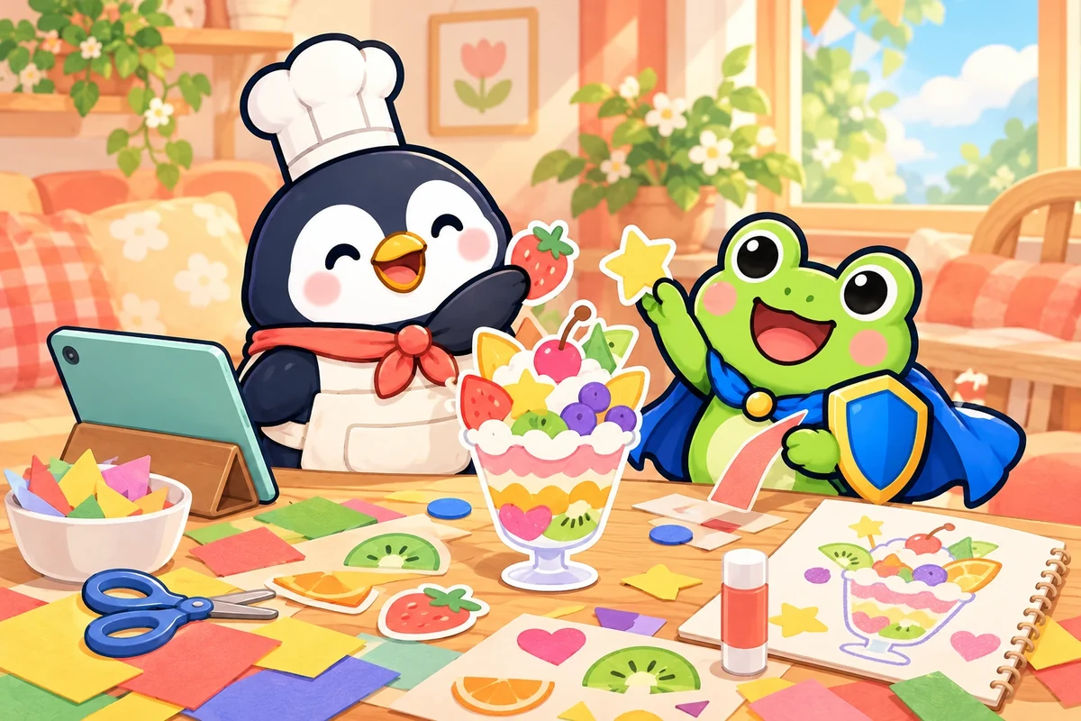 こっぺんとミカエルが、色紙で想像のパフェを作るイラスト