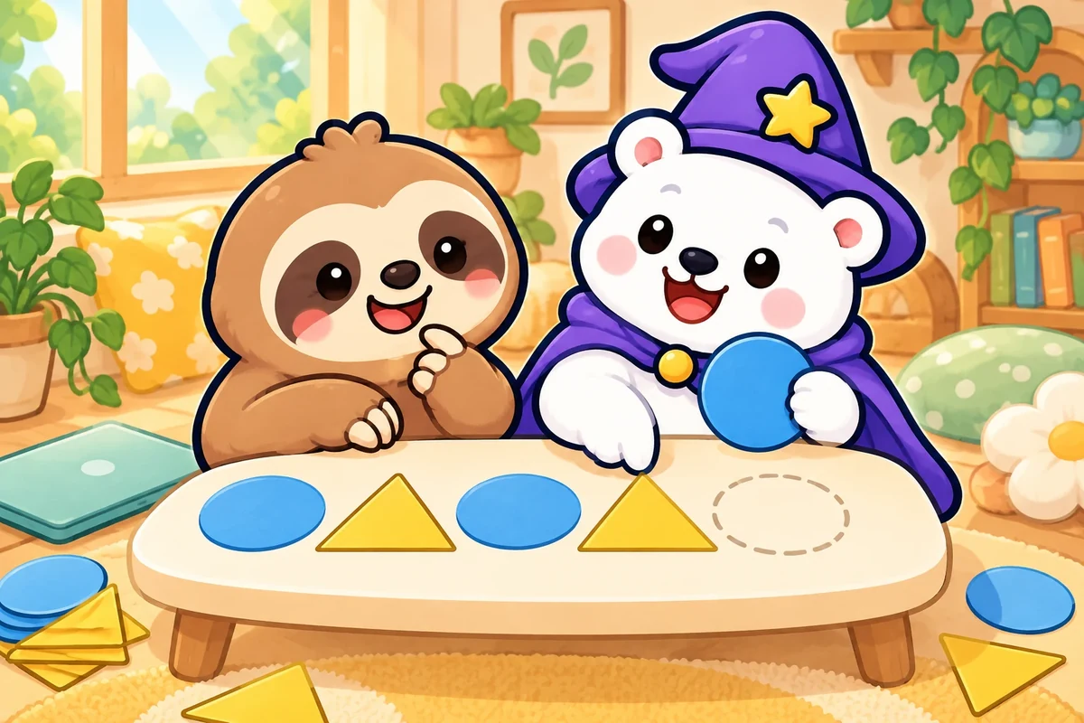 ダルダルとマジョックマが丸と三角の紙を交互に並べるイラスト