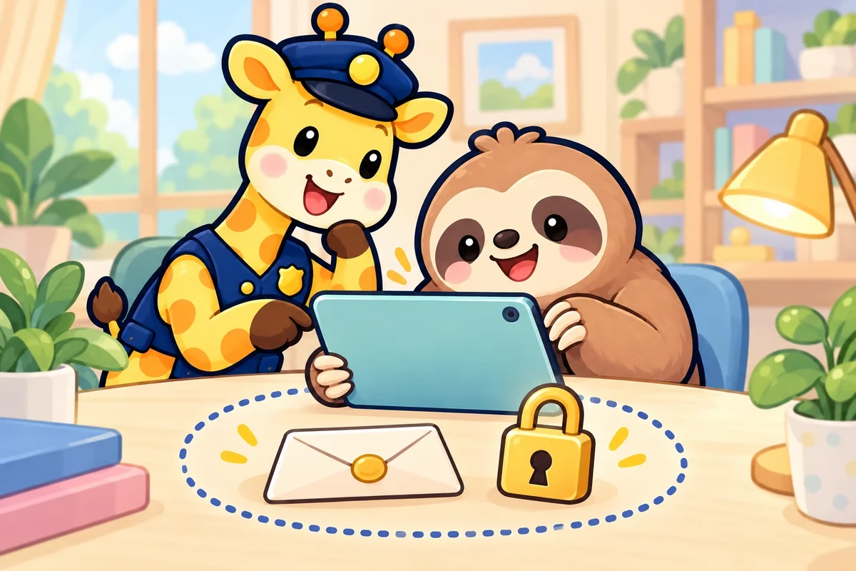 キキキリンとダルダルが、端末内の絵と情報の扱いを確認するイラスト