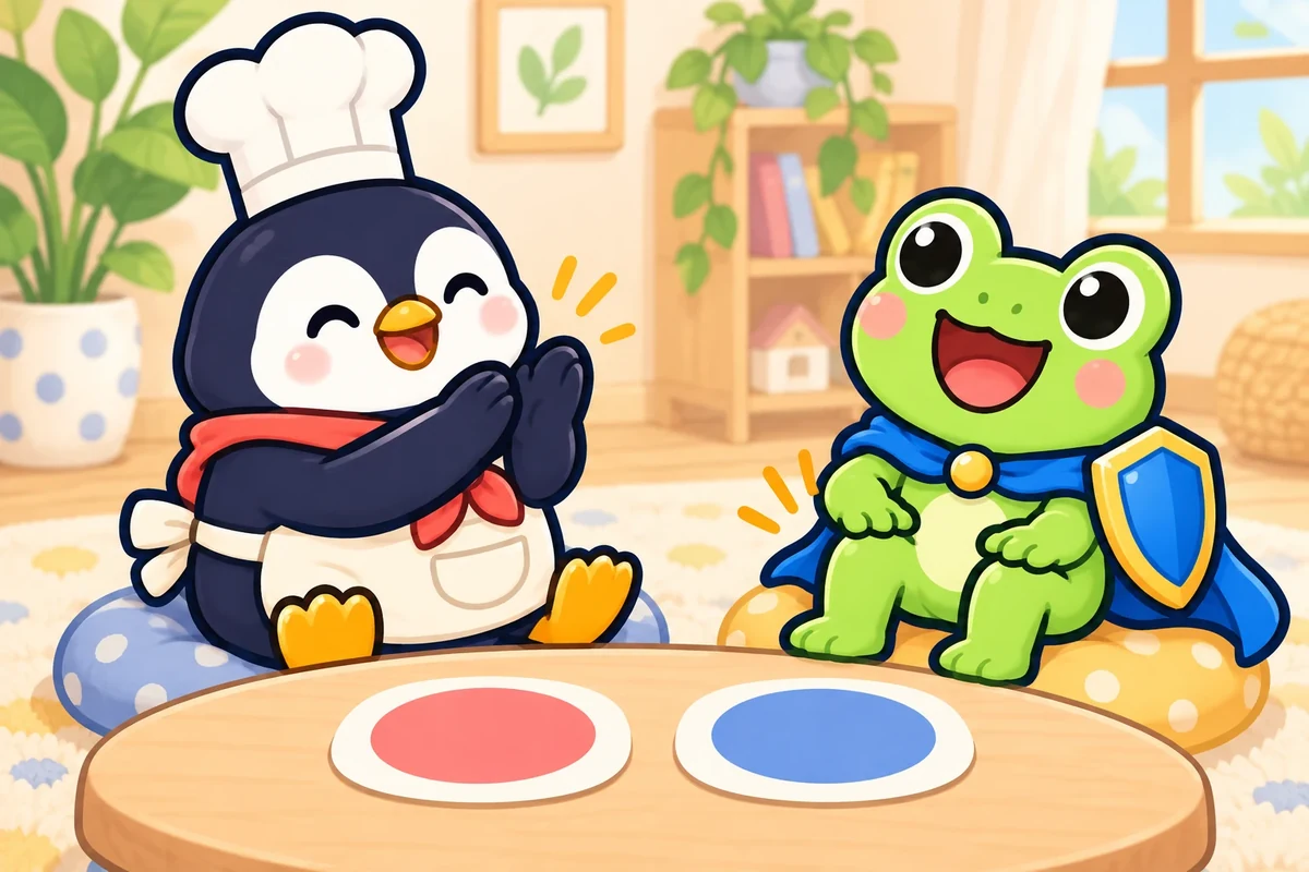 こっぺんとミカエルが、手拍子とひざタッチをまねるイラスト