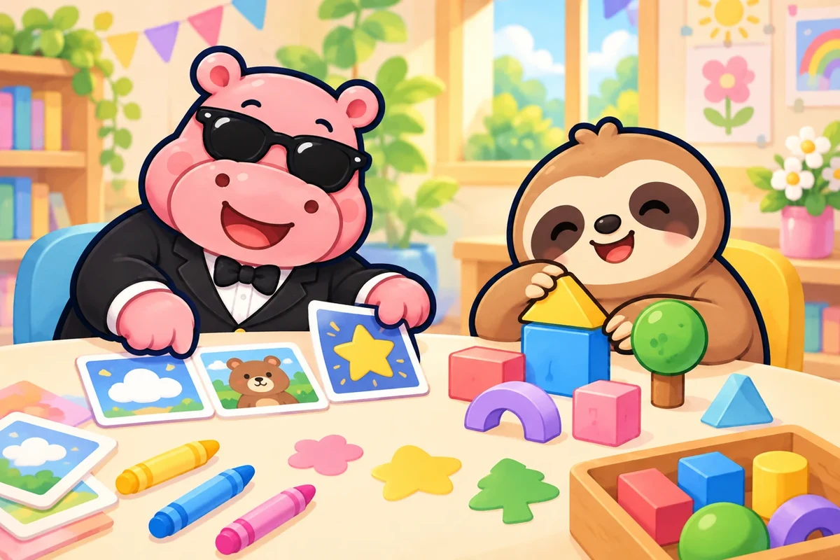 カバリッチとダルダルがお話の絵と形を並べるイラスト