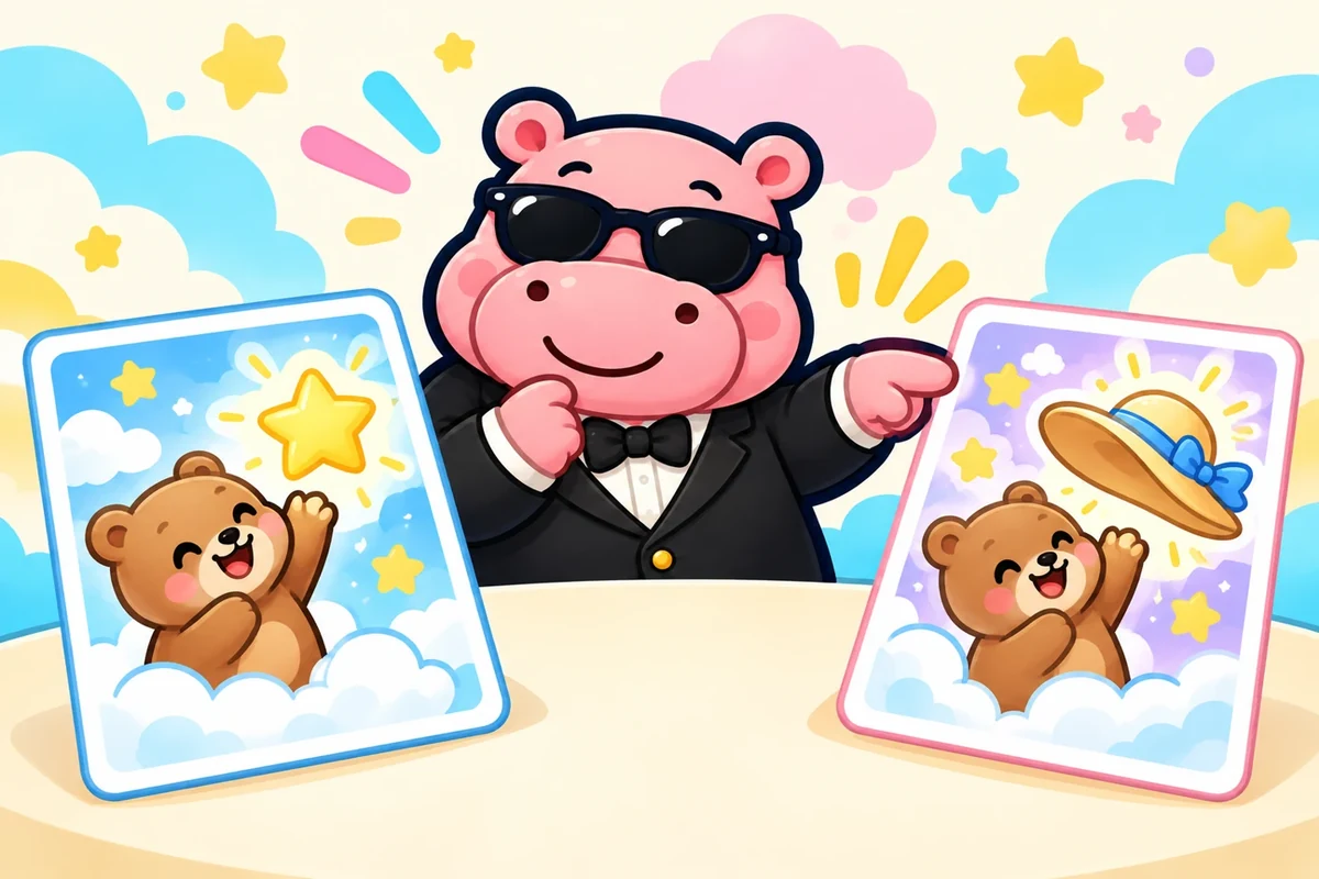 カバリッチが二つのお話の絵を見比べるイラスト