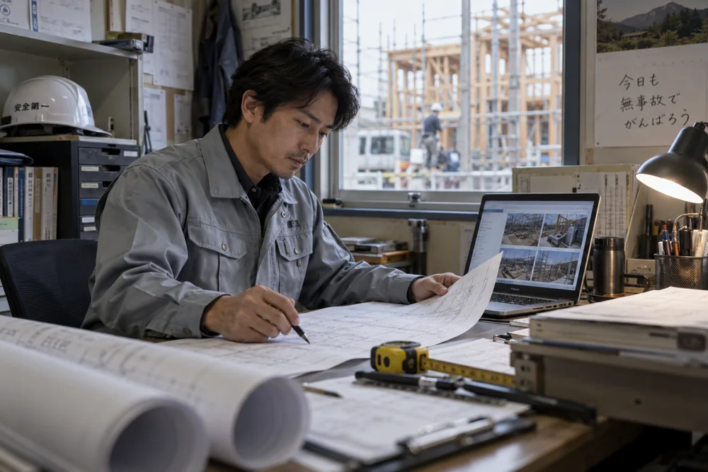 図面と施工記録を照合する現場事務所の生成イメージ