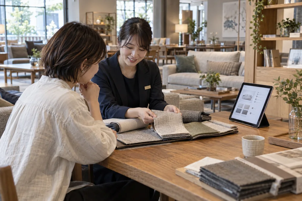家具店で生地とタブレットを使って接客する生成イメージ