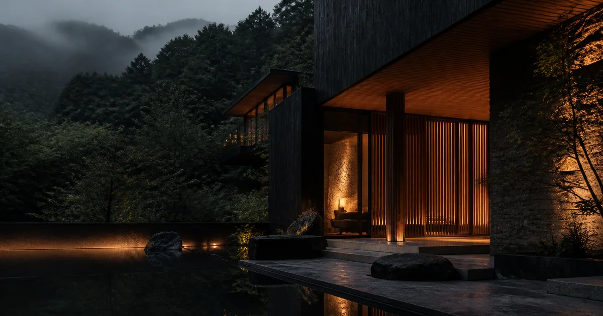 ONDO STAYのトップページ。森の静けさと建築を大きく見せた宿泊メディアの画面